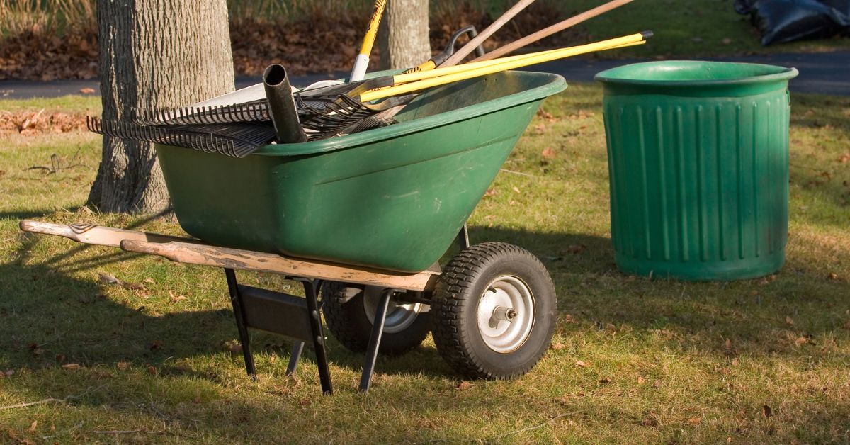 Wheelbarrow and yard tools